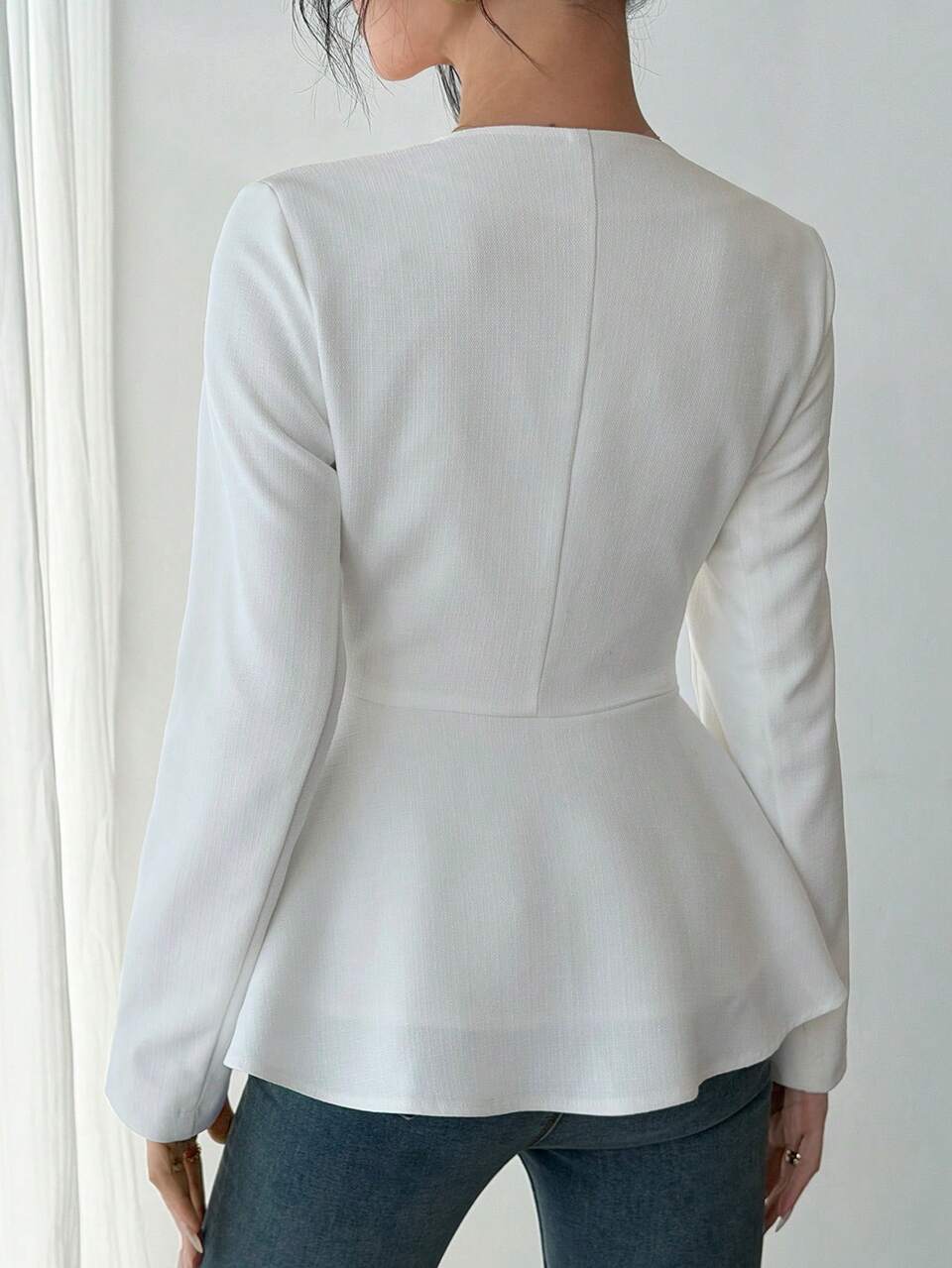 Women's Elegant Solid Color V-Neck Faux Pocket Pleated Regular Jacket, Spring/Summer,Wedding Guest Dress Women