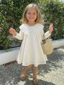 SHEIN 1件女童优雅杏色镂空蕾丝彼得潘领宽松喇叭裙，可爱连衣裙，适合甜美女孩参加派对。 - 杏色 - 查看 8