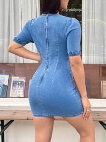 SHEIN EZwear 女士休闲V领泡泡袖修身牛仔连衣裙，适合夏季日常通勤 - 藍色 - 查看 2