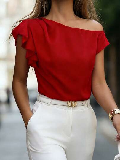 Rafferiza Blusa con hombros descubiertos asimétrica/con volantes + hombros descubiertos, de moda, elegante y sexy