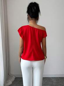 Rafferiza Blusa con hombros descubiertos asimétrica/con volantes + hombros descubiertos, de moda, elegante y sexy - Rojo - Ver 2