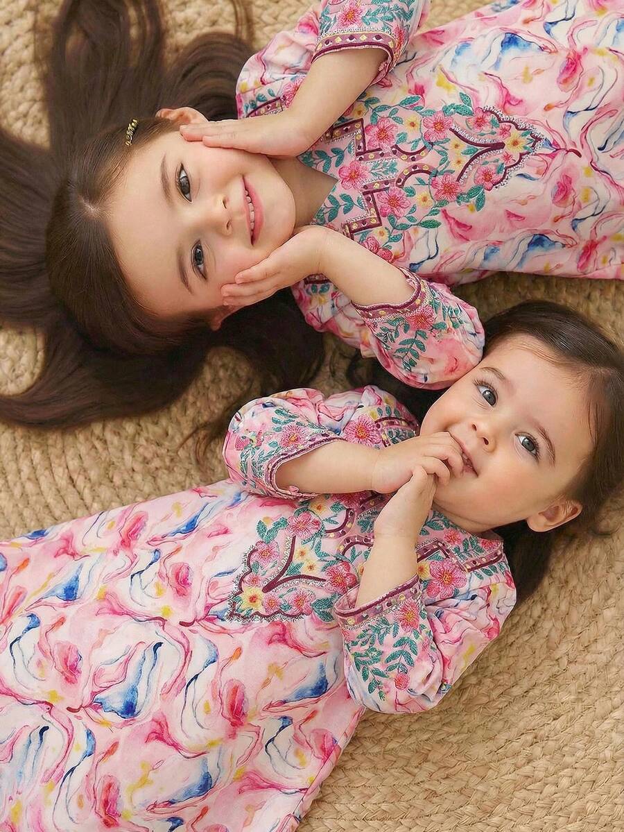 女童极简印花长袖连衣裙 - 粉色 - 查看 1