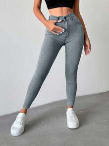 SHEIN Petite High Waist Casual Skinny Jean - Baby Blue - View 4