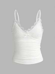 INAWLY 2pcs Women Solid Color Lace Ruffle Camisole And 1pc Spaghetti Strap Camisole - White - View 7