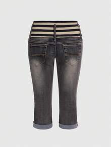 ROMWE Grunge Punk Y2K 风喇叭腰部拼接低腰女式七分牛仔裤 - 灰色 - 查看 2