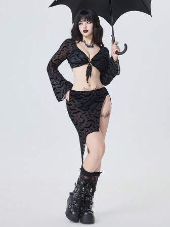 26SS Dunkel Gothic Vampir Cosplay Strandkleidung, Damen Strandüberwurf, Damen Kimono Cover-Up & asymmetrischer Rock mit hohem Schlitz 2-teiliges Set, oversized Fledermausärmel, asymmetrischer Rock mit hohem Schlitz, flockenbesetzter Mesh-Stoff in Fledermausform, Schleifendekor, Schwarz, elegant geheimnisvoll sexy, geeignet für Strand, Inselurlaub, Feiertage, Partys, Alltag