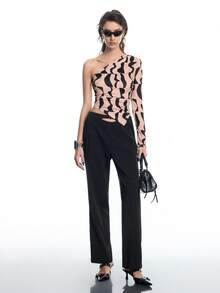 Airlisse Women's Fashion Geometric Print Oblique Hem Long Sleeve T-Shirt, Suitable For Party, Commuting, Office Wear, Spring/Autumn - Apricot - View 5