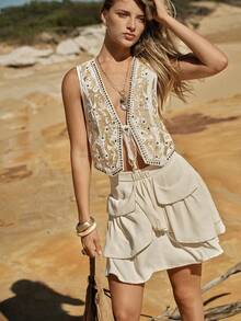 MOTF STUDIO WOMEN'S WESTERN STYLE EMBROIDERED RIVET FRONT TIE JACKET