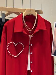 GlowEve 女士前扣心形铆钉休闲衬衫 - 紅色 - 查看 7