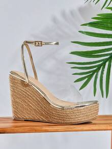 SHUZIA Women's Fashion Comfy Round Toe Perspex Strap Chunky Sole Platform Wedge Sandals - Gold - View 3