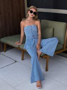 DAZY Women's Summer Strapless Loose Waist Jumpsuit, Washed Denim Casual Romper - Light Wash - View 6