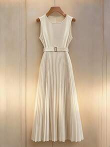 Franclia 女士纯色珍珠装饰简约无袖连衣裙，日常穿着 - 杏色 - 查看 3