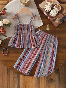 SHEIN Baby Girl Striped Frill Trim Camisole Top And Pants Vacation Set - Multicolor - View 3