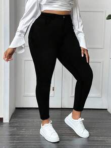 Slaydiva Plus Size Solid Color Slim Fit Casual High Waist Versatile Daily Jeans - Black - View 5
