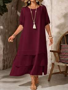Vestido casual de talla, cuello redondo, sin botones, bajo asimétrico y fluido, estilo bohemio, adecuado para primavera y verano - Óxido marrón - Ver 10