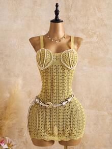 Bonvoyette Women's Vacation Faux Pearl Decor Hollow Out Camisole Cover Up Dress - Gold - View 7