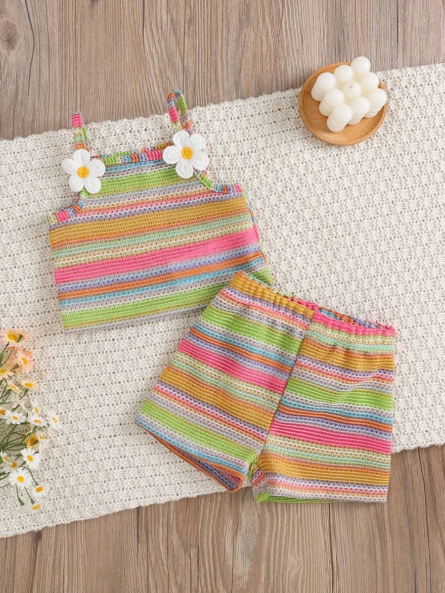SHEIN Vintaside Kids 女婴无袖露脐上衣和松紧腰短裤套装，彩虹条纹刺绣花卉图案，休闲日常、海滩、夏季花朵图案女婴短裤套装 2 件套女婴彩色条纹套装 女婴两件套夏季女婴套装