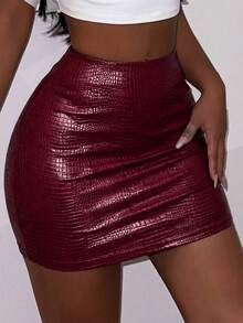 BamGleam Women's Sexy Burgundy Bodycon Mini Skirt With Knot Detail In PU Leather Look - Burgundy - View 3