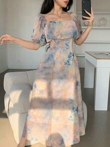 DAZY 女士优雅印花长连衣裙，方领设计，夏季款 - 粉色 - 查看 5