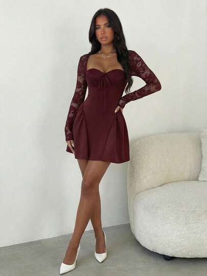 SHEIN Allurite Holiday Costume Dress Christmas Party Ball White Lace Long Sleeve Princess Tutu Sexy Mini Dress;Fall Women Clothes;Holiday Party Dress;New Year Eve Dress;New Years Women Outfit,Valentine's Day Mini Dress, Spring/Summer Mini Dress,Black And White Stitching Black Corset Dress Dinner Date Dress Sweetheart Neckline Dress Corset Top Dress Wine Dress Maroon Dress