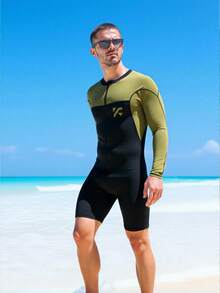 Manfinity Swimmode Men's Contrast Color Long Sleeve Casual Zipper Beach Jumpsuit Swimsuit