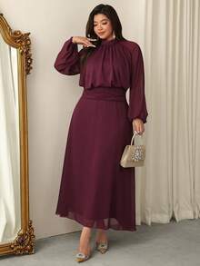 Firerie Đầm thanh lịch cổ đứng tay raglan dáng phồng màu trơn dành cho nữ cỡ lớn - Màu tím - Xem 5