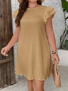 SHEIN Frenchy Vestido casual de verano de talla grande, cuello redondo, manga corta, unicolor - Albaricoque - Ver 5