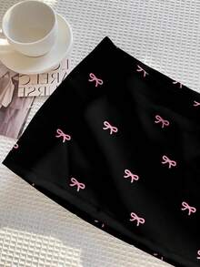 Comfortcana Casual Minimalist Black Background Pink Bow Allover Print Pattern Women's Low Waist Mini Skirt With Lining, Suitable For Spring/Summer Carnival - Multicolor - View 3