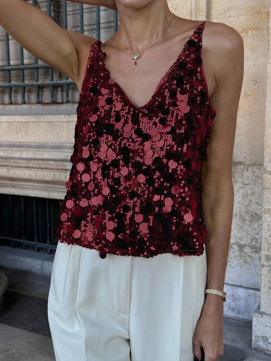 Pariaura 女士简约优雅亮片吊带背心，派对装 - 酒紅色 - 查看 1