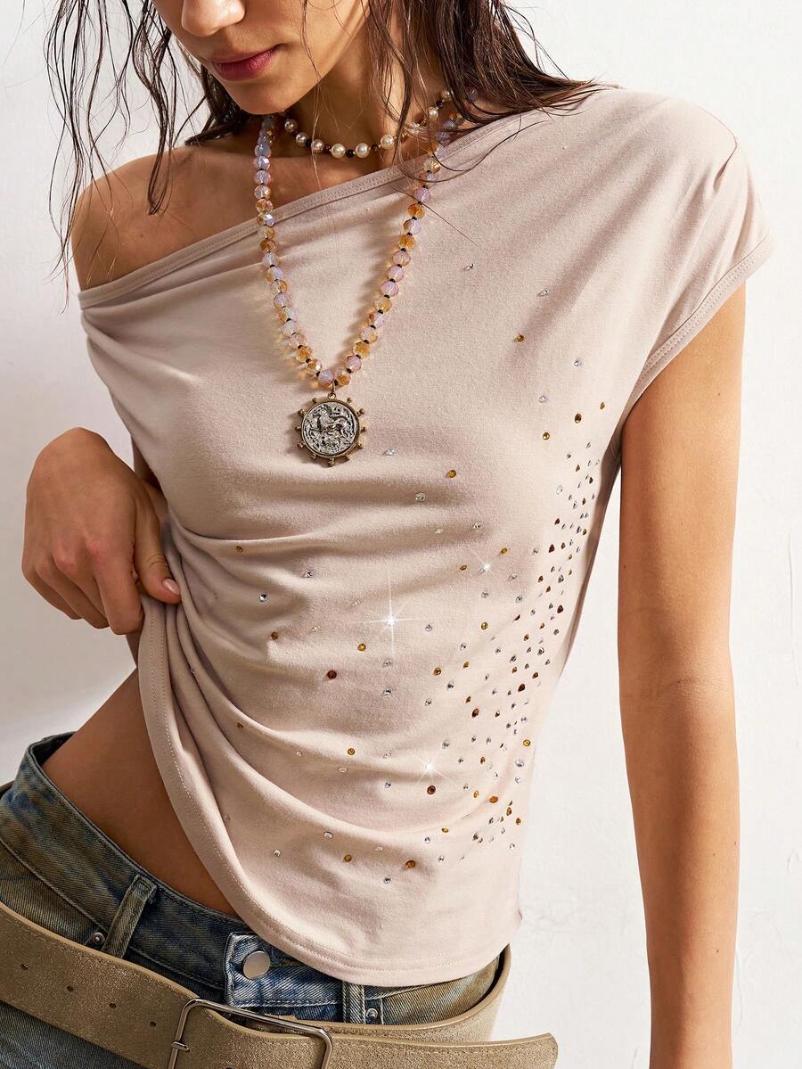 Bohemela Áo dệt kim dáng ôm, vai lệch, màu trơn, đính đá lấp lánh, phong cách BOHO thường ngày dành cho nữ. - Màu be - Xem 1