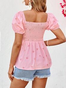 SHEIN Maternity Summer Casual Vacation Valentine's Day Bow Print Sweetheart Neck Ruffle Short Sleeve Babydoll Top