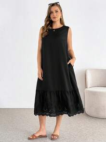 Shapeblank 大码女装春夏时尚休闲宽松舒适日常百搭显瘦刺绣拼接黑色无袖中长连衣裙，带口袋，夏季服装，度假装，简约风格，欧式夏季 - 黑色 - 查看 3