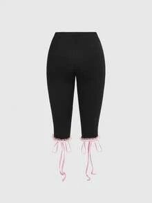 ROMWE Goth Women's Y2K Lace Trim Drawstring Waist Fitted Shorts - Black - View 2