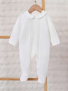 SHEIN 新生儿纯白色优雅长袖全长连体衣，休闲家居服