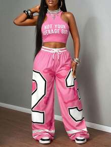 Slaydiva New Summer Casual Screenshots Sexy Sports Style Ball Suit Round Neck I-Shaped Vest Slogan Logo White Letter Print Truncated Red Vest + Wide-Leg Pants Trousers 23 Numbers Red Camouflage Striped Print Woven Pants Ladies Two Pieces Suit-B Pink 2 Piece Set Women - Pink - View 5
