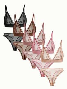 Bonmuse 5pcs Set Women's Solid Color Lip Ruffled Wireless Triangle Cup Comfortable Sexy Bra And Panty Setfor Summerfor Summer - Multicolor - View 2