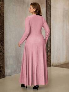 Roveilla 大码女士优雅复古法式风格商务通勤纯色纹理面料圆领前金属纽扣腰部A字长袖连衣裙，适合派对、万圣节、圣诞节、感恩节、下午茶、新年等场合。 - 粉色 - 查看 2