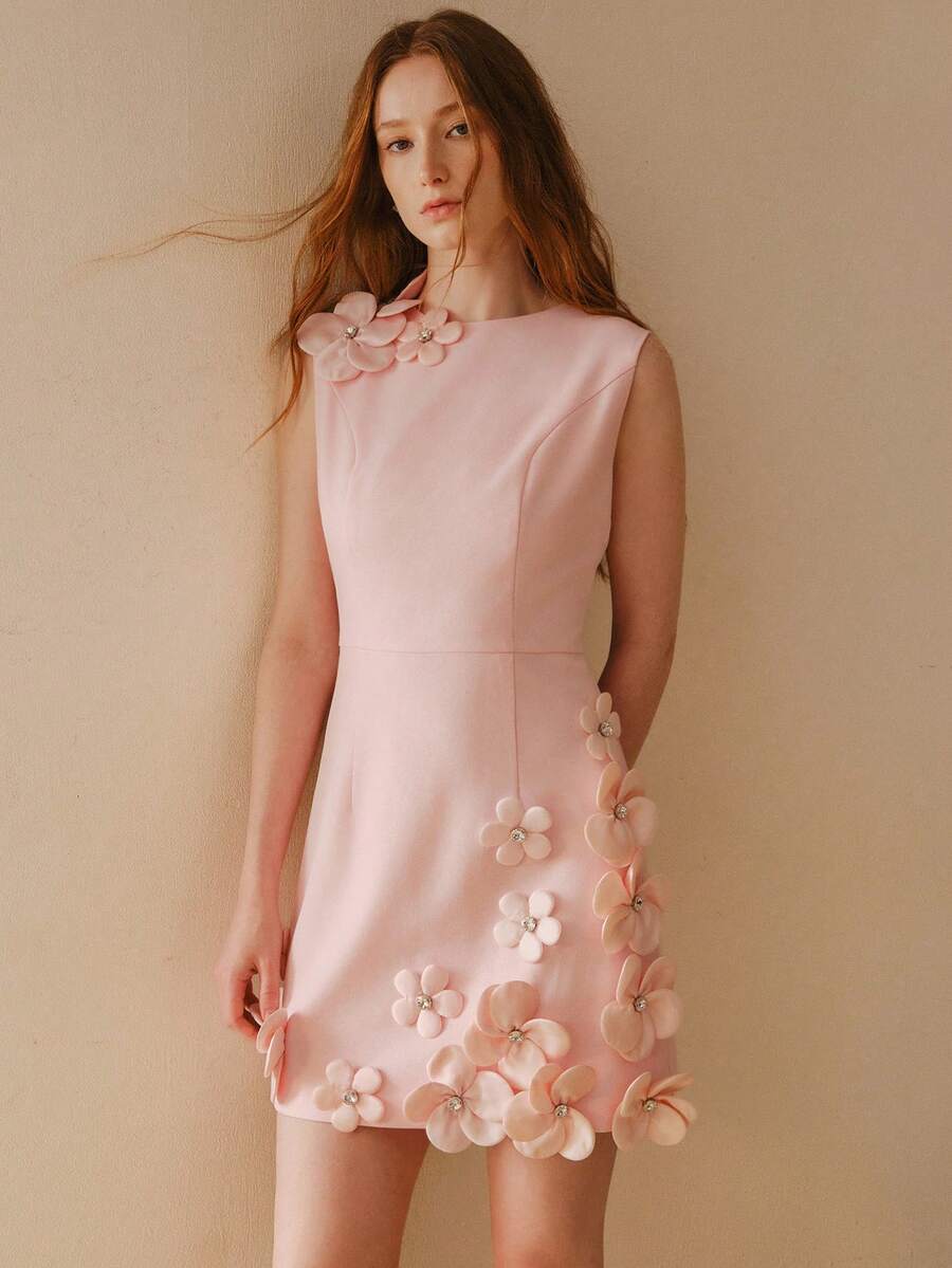 MOTF PREMIUM 女士短款水钻装饰3D立体花卉连衣裙 - 粉色 - 查看 1