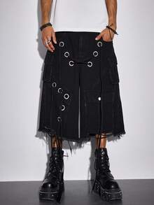 ROMWE MEN Street Life Men's Punk Street Style Distressed Loose Low Waist Cargo Shorts - Black - View 5