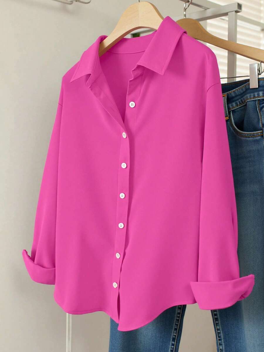 INAWLY Women's Solid Color Front Button Casual Long Sleeve Shirt - Hot Pink - View 1
