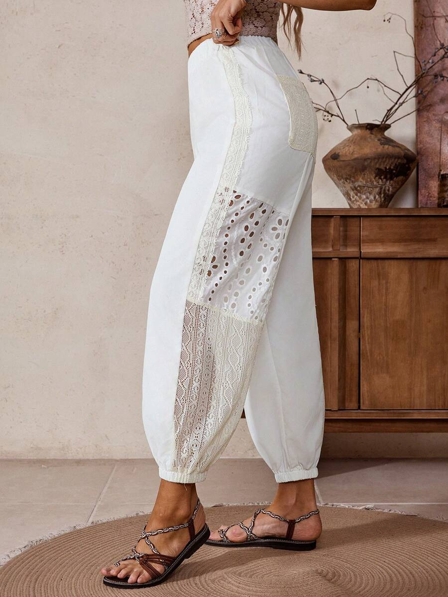 LanaWest Western Style Lace Patchwork Hollow Out Ankle-Tied Versatile Women's Pants, Spring/Summer - White - View 1