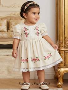 Cozy Pixies Đầm bé gái in hoa, cổ tròn, tay phồng, eo thon. - Màu be - Xem 9