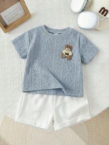 SHEIN 2件套男婴夏季可爱条纹卡通熊印花短袖T恤和松紧腰卡其色短裤套装 - 彩色 - 查看 11