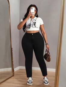 Slaydiva Jeans casuales de talla grande de unicolor con bolsillo en ángulo y silueta ajustada - Negro - Ver 7