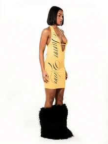 SUMWON WOMEN Halter Neck Backless Yellow Mini Dress With Black Script Graphic Print Cut Out Detail Party Summer Bodycon Sleeveless - Yellow - View 3