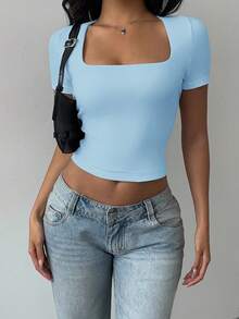SHEIN BASICS Solid Color Knit Convertible Collar Fitted Cropped Women Top/Summer - Blue - View 5