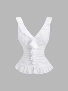 Sweetra Women's White Casual Ruffle Trim Pleated Fitted Camisole Tank Top, Spring/Summer - White - View 1