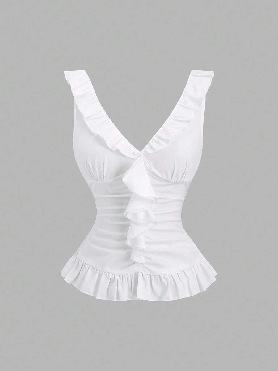 Sweetra Women's White Casual Ruffle Trim Pleated Fitted Camisole Tank Top, Spring/Summer - White - View 1