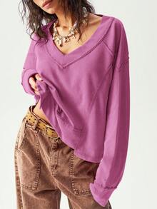 Bohemela 波西米亚风女士休闲纯色V领长袖宽松卫衣，秋冬季工作休闲上衣 - 玫紅色 - 查看 7