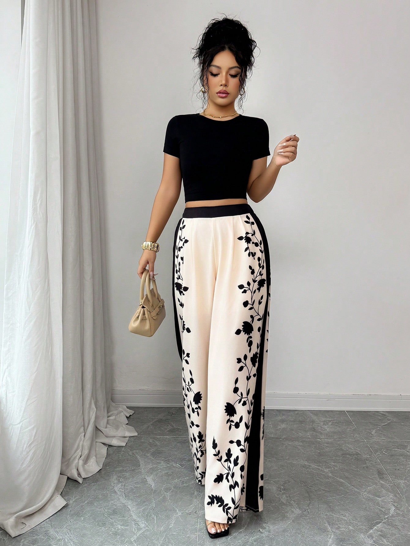 Elenzga بنطلون نسائي أنيق وكاجوال مطبوع فضفاض